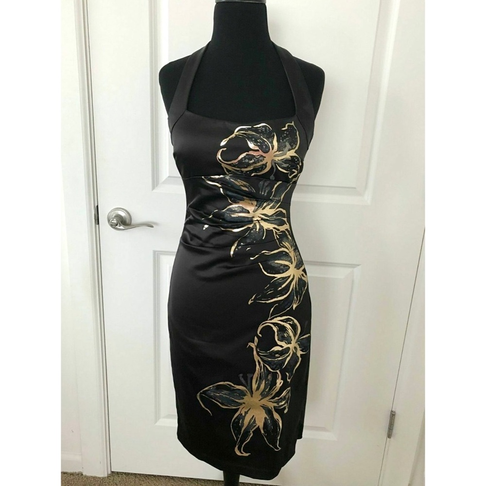Cache Black and Gold Foil Floral Midi Dress Size 4
